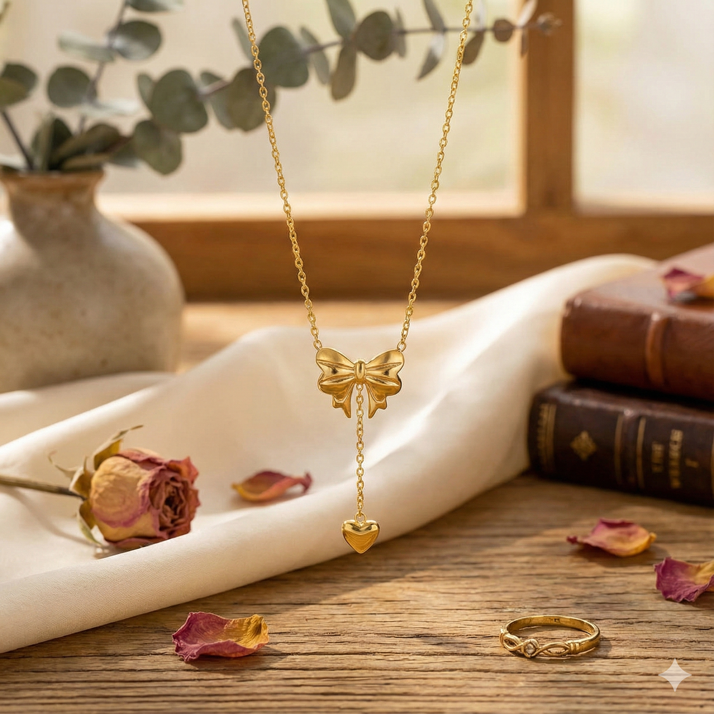 Gold Plated Stainless Steel Anti Tarnish Heart Themed Bow inspired Pendant Necklace