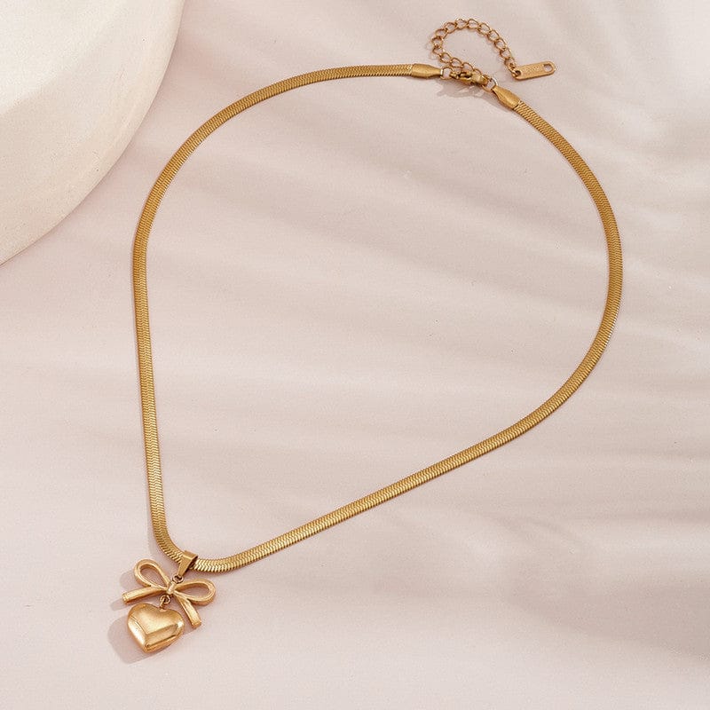 Gold Heart & Bow Herringbone Necklace