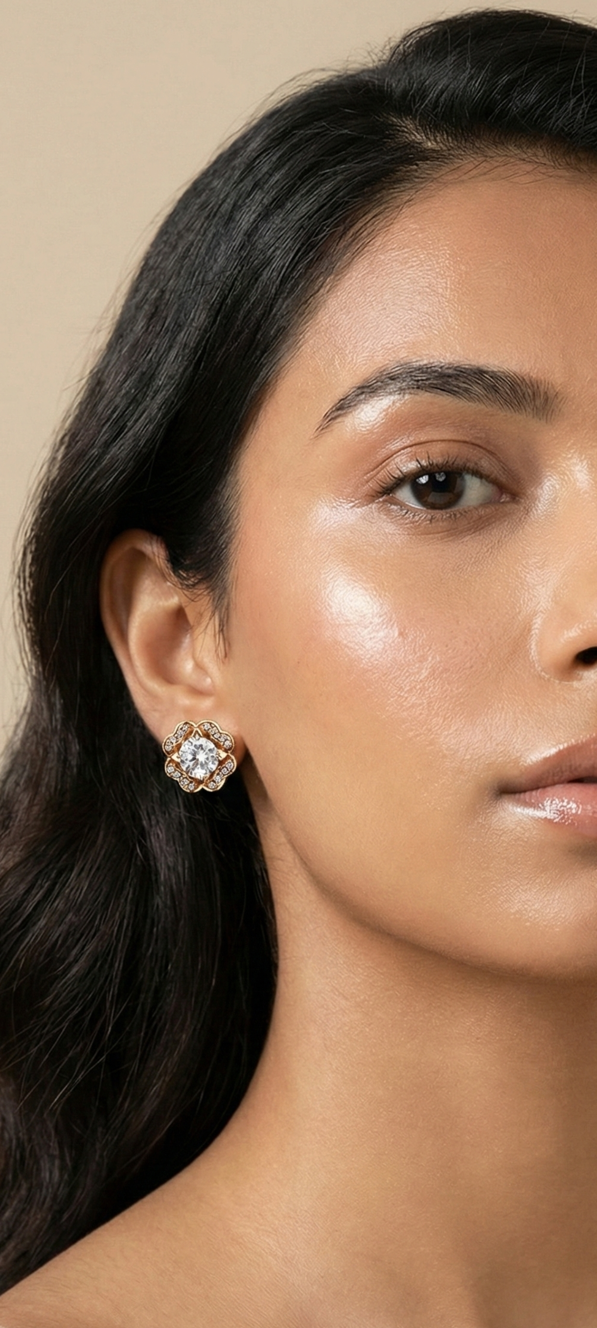 Gold Reindeer Crescent Moon Stud Earrings with CZ Accents