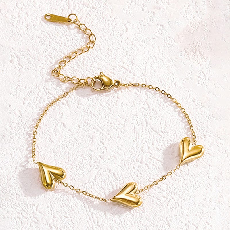 Gold Plated Triple Puffed Heart Link Bracelet
