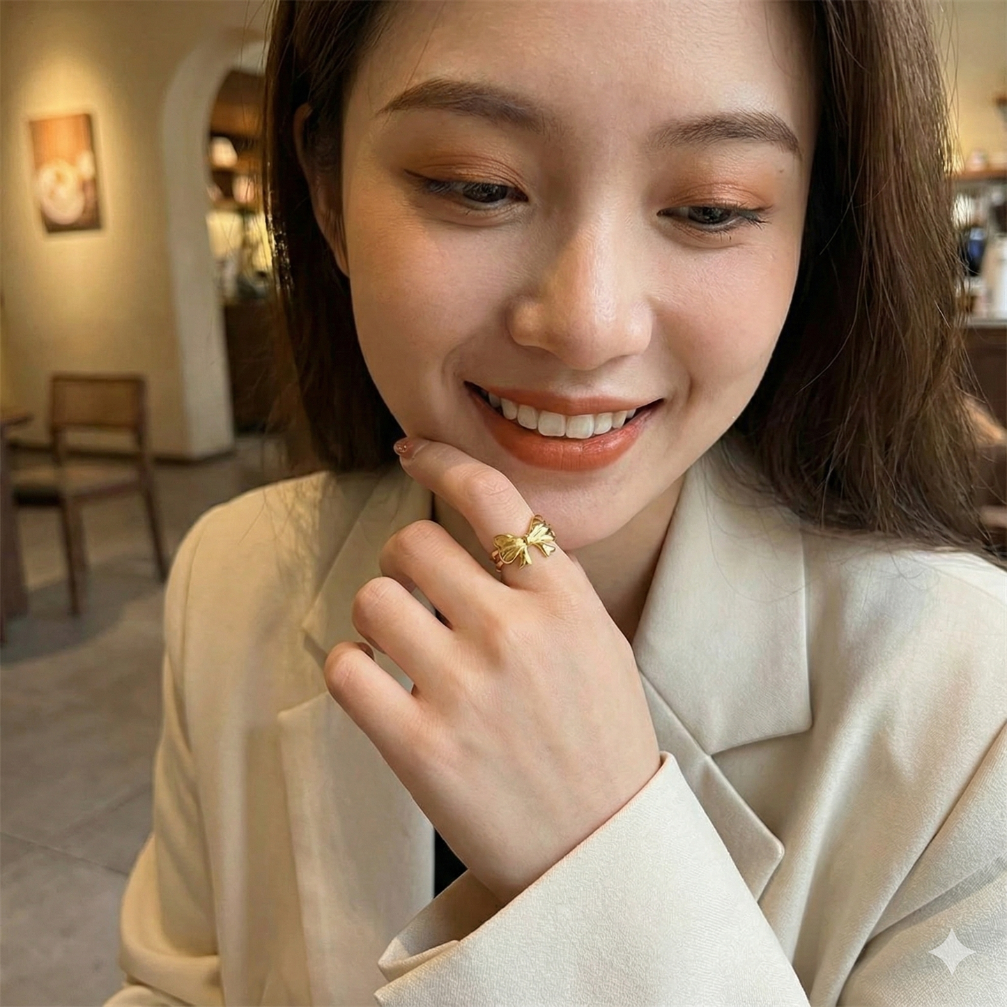 Gold-Plated Anti-Tarnish Stainless Steel Bow Themed Adjustable Ring: