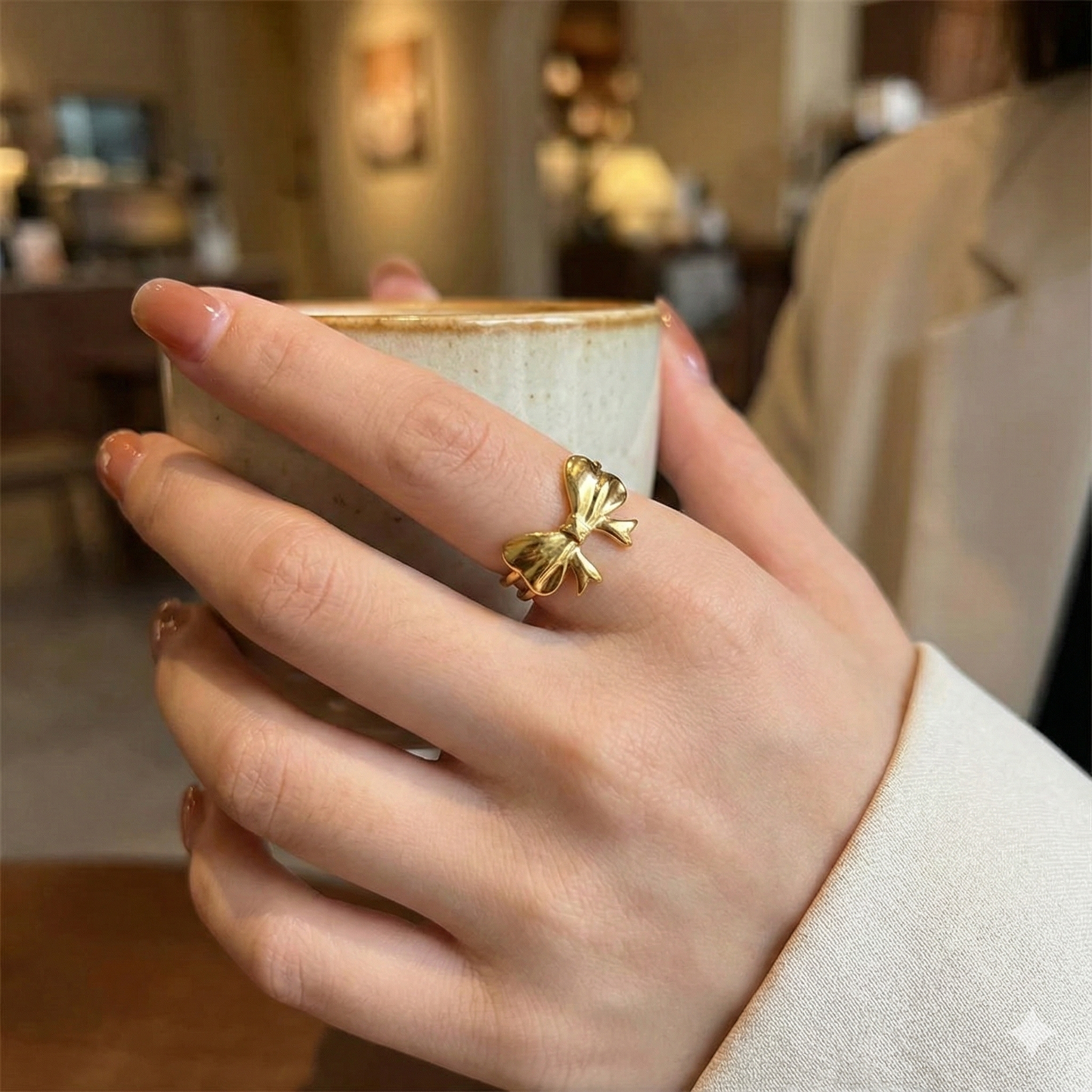Gold-Plated Anti-Tarnish Stainless Steel Bow Themed Adjustable Ring: