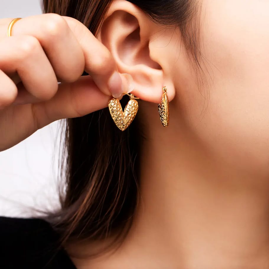 Hammered Gold Heart Drop Hoops
