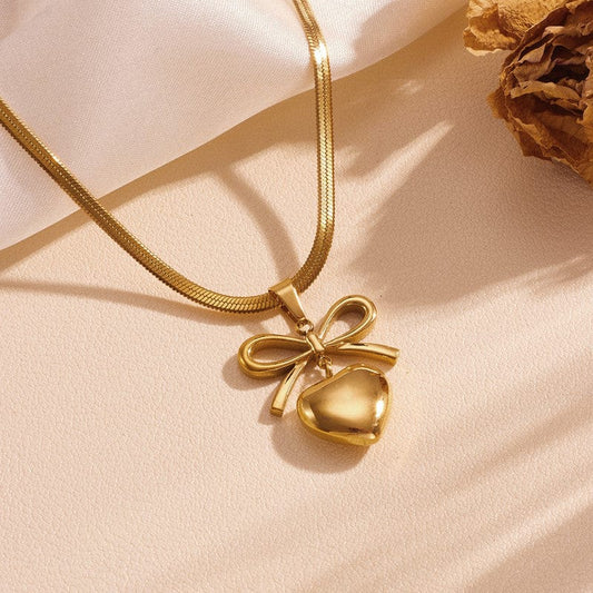 Gold Heart & Bow Herringbone Necklace
