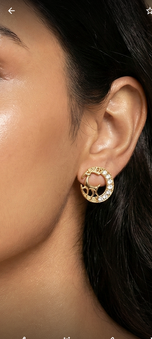 Gold Reindeer Moon Stud Earrings