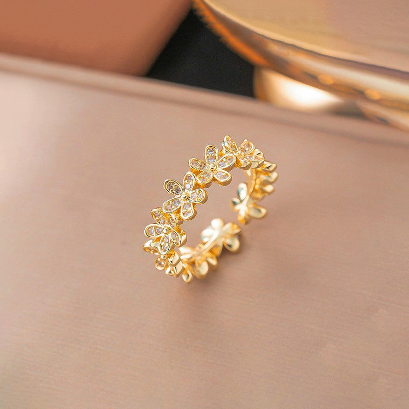 Gold Plated Anti Tarnish Steel Floral Themed Adjustable Finger Ring