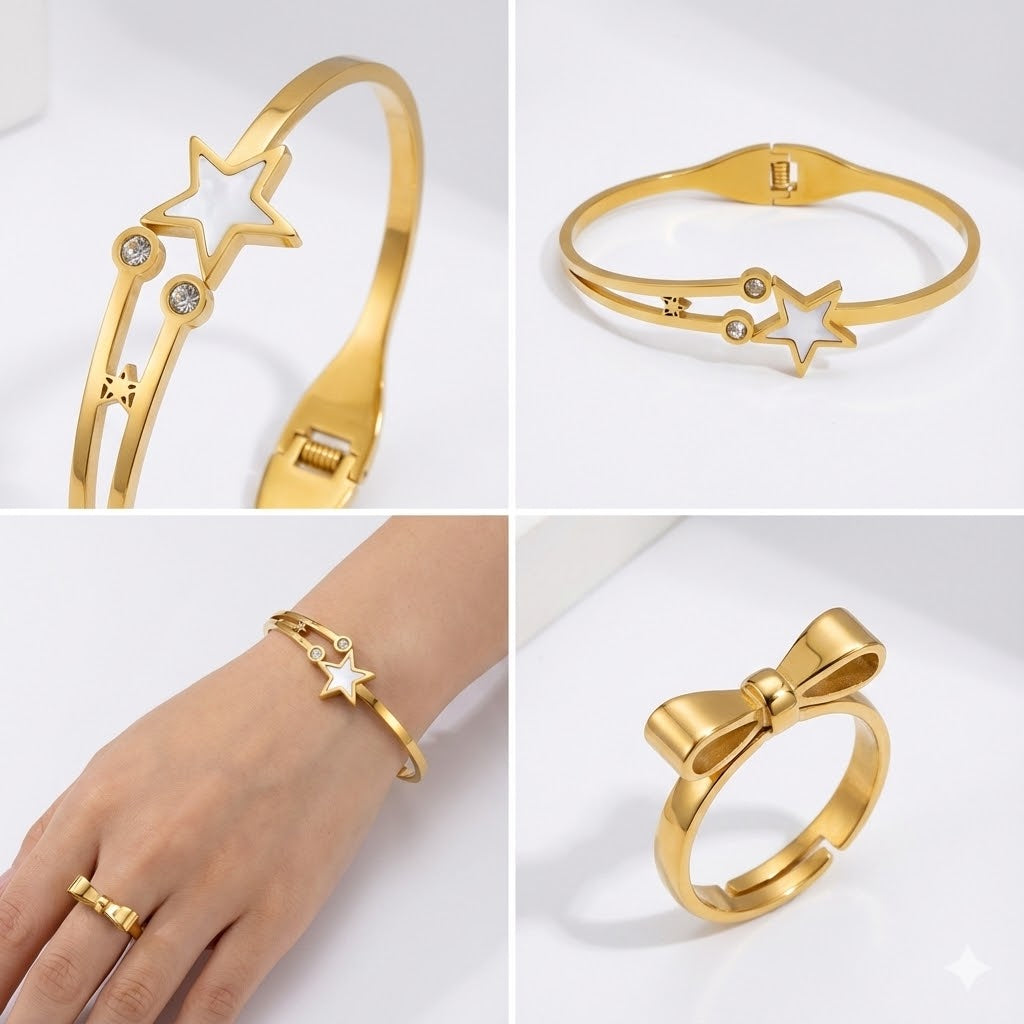 Gold-Plated Stainless Steel Star Themed Anti-Tarnish Bangle Bracelet